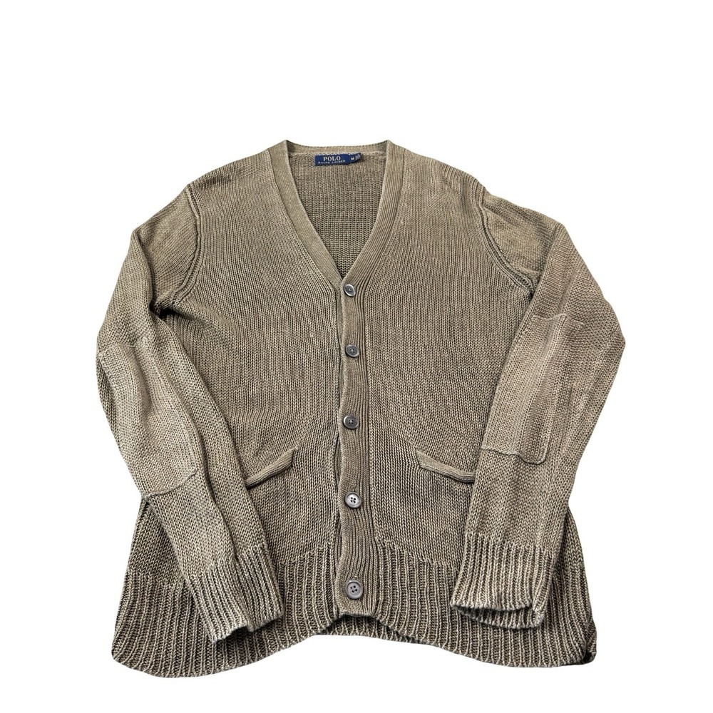 Polo Ralph Lauren Brown Pure Linen Mens Knit Cardigan Sweater Size Medium M